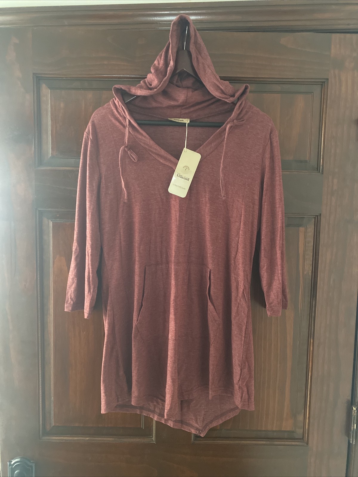 Timeson Hoodie Womens L Wine Pullover Kangaroo Pocket V Neck Mid Sleeve – New