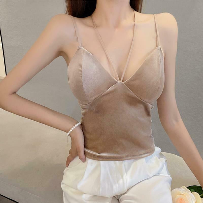 Lady Velvet Halter Camisole Tank Bustier Bra Vest Crop Top Slim Spaghetti Strap