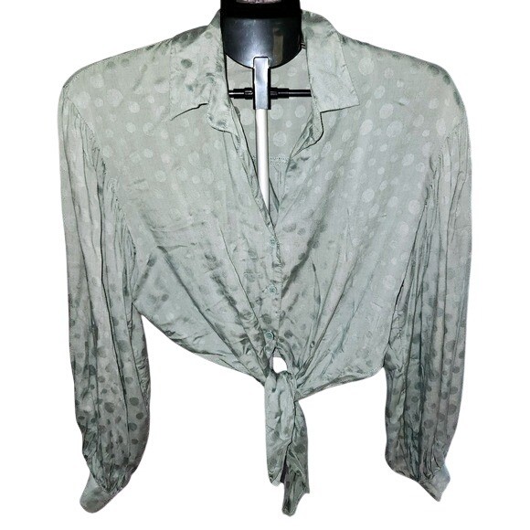 Mustard Seed Tie Front Blouse Sage Green Polka Dot Long Sleeve Women’s Small