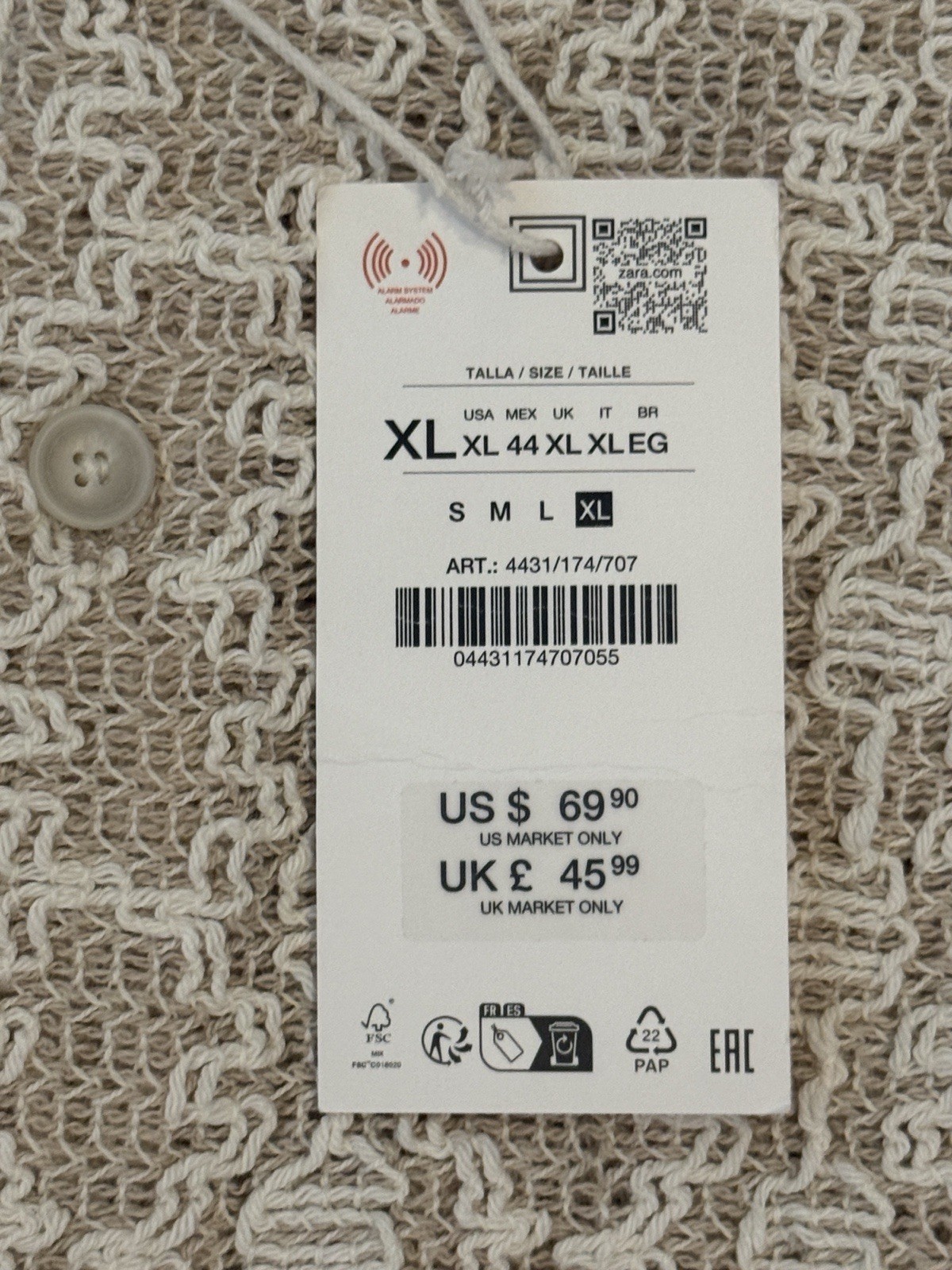 NWT Zara Crochet Textured Button Up Shirt XL Relaxed Fit Taupe/Cream