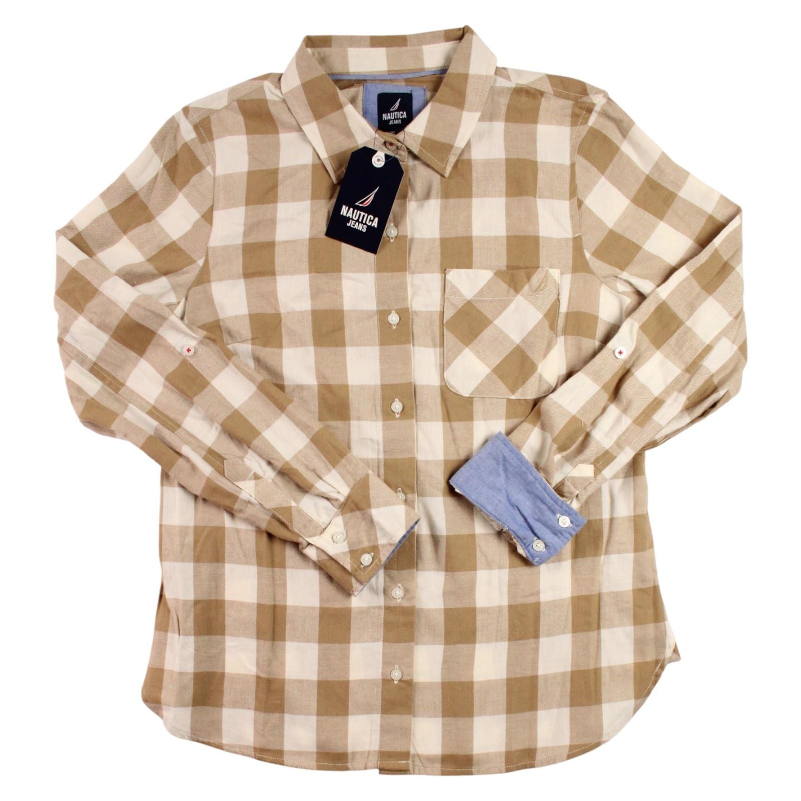 Nautica Jeans Flannel Shirt Womens S Tan Plaid Button Down Long Sleeve Flip Cuff