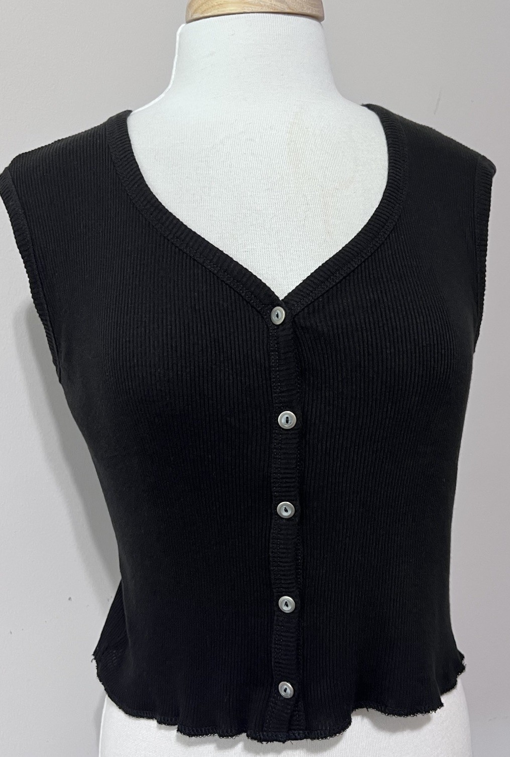 Express Tricot Ribbed V Neck Button Down Tank Top Large Black 90s Y2K Grunge