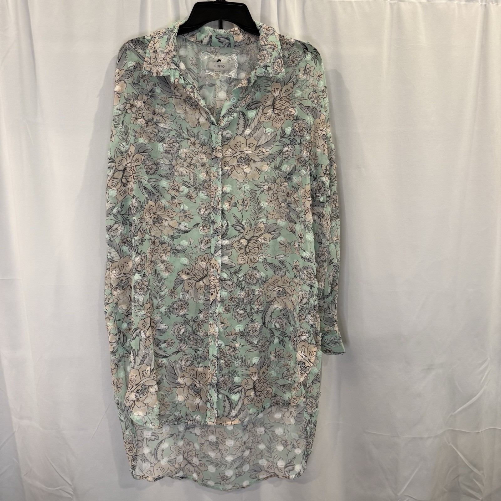 Cupio Women’s X Large Green 3D Floral Button Up Boho Peasant Flowy Sheer Artsy