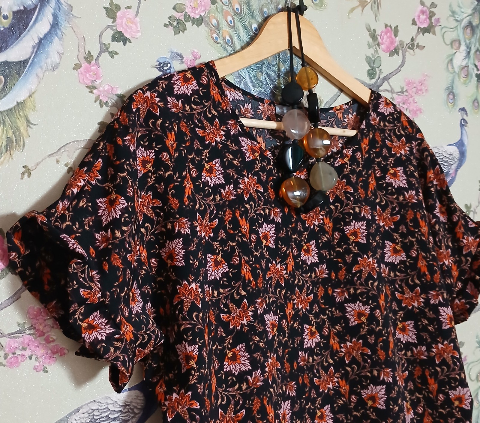 Vintage style black burgundy & orange floral tunic top size 18 Dorothy Perkins