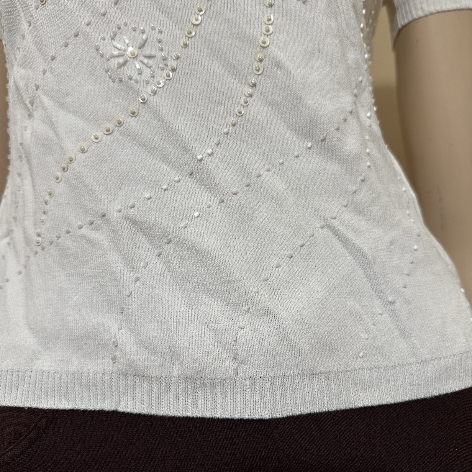 Women’s White Nylon Acrylic Casual Summer Stretch Slim Beaded Size S/M Blouse