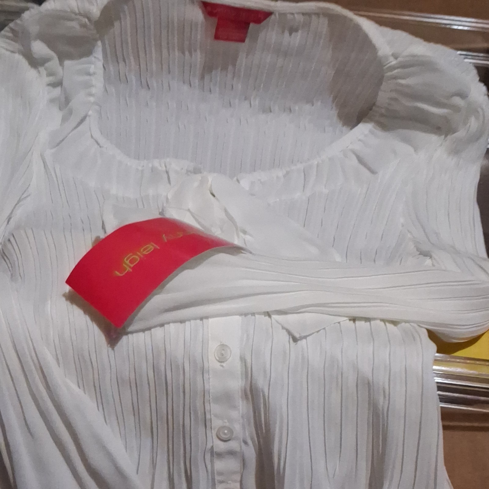 Sunny Leigh Women’s XL Ivory Pleated Long Sleeve Button Front Bow Ruffle Blouse