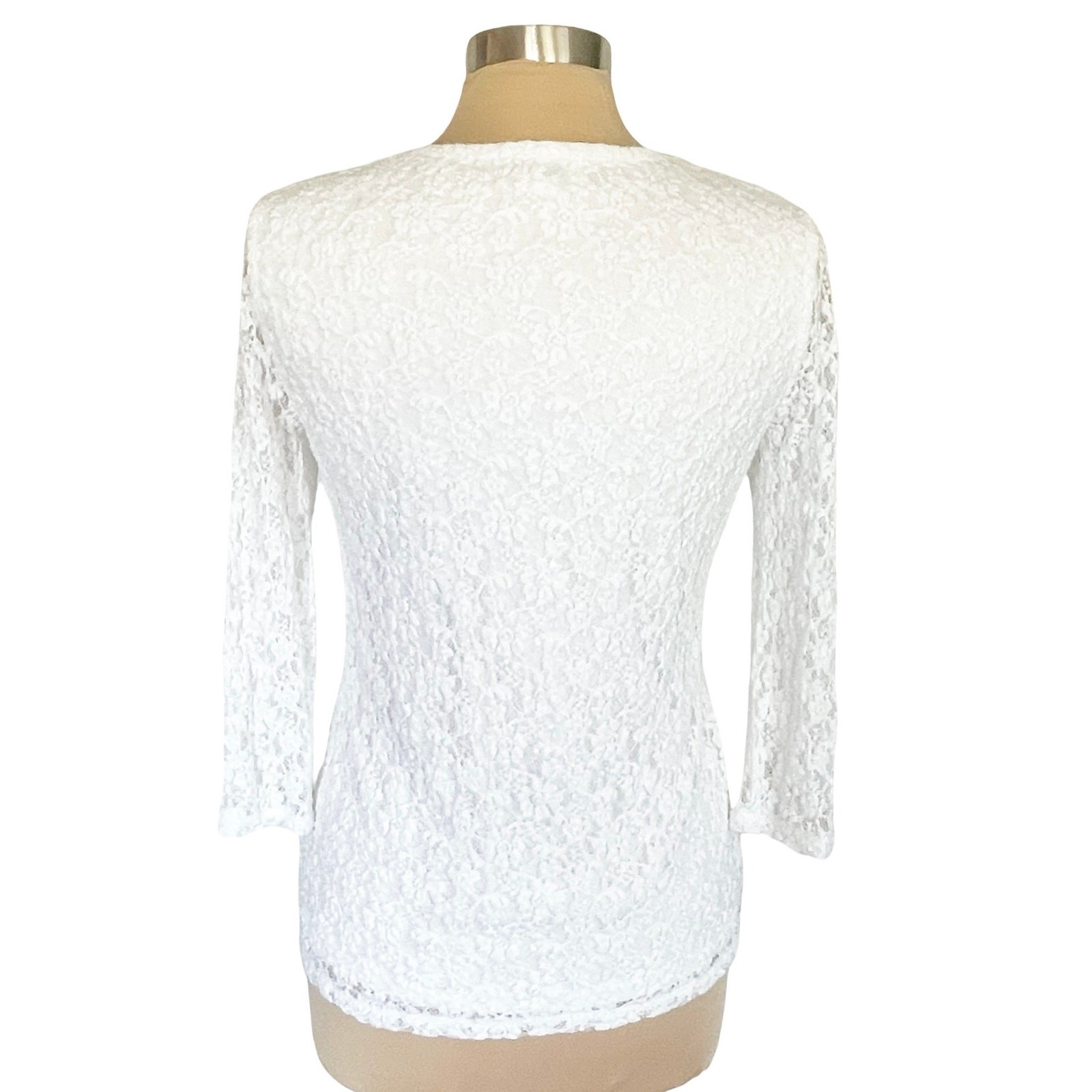 Peck & Peck Stretch Knit Top Lace Overlay Sheer Sleeves Sz Small Feminine Fairy