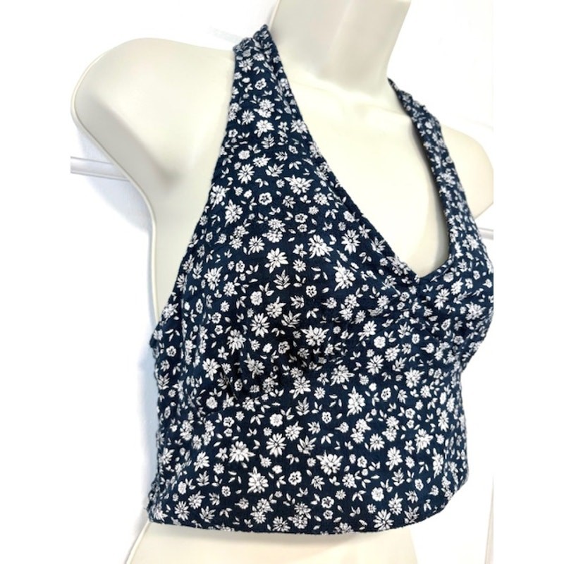 American Eagle Halter Crop Top Sz S Navy Floral Smocked Back Boho Beachy Summer