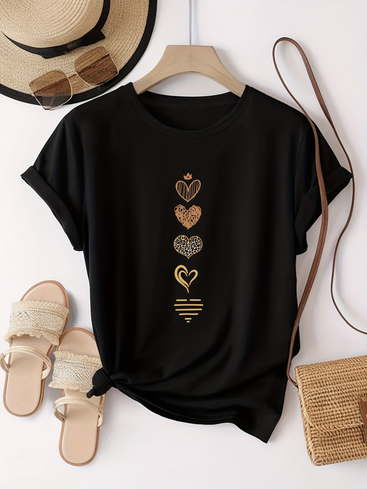 Women’s Love Heart Art Pattern Print Fashion Breathable T-Shirt Casual T-Shirt ♮