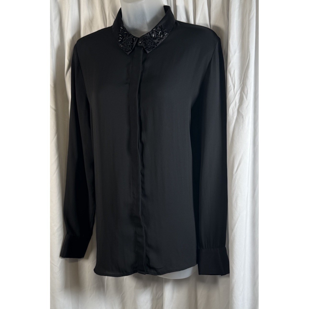 H&M Black Beaded Embellished Collar Button Down Blouse Long Sleeve 10 Chic 84-25