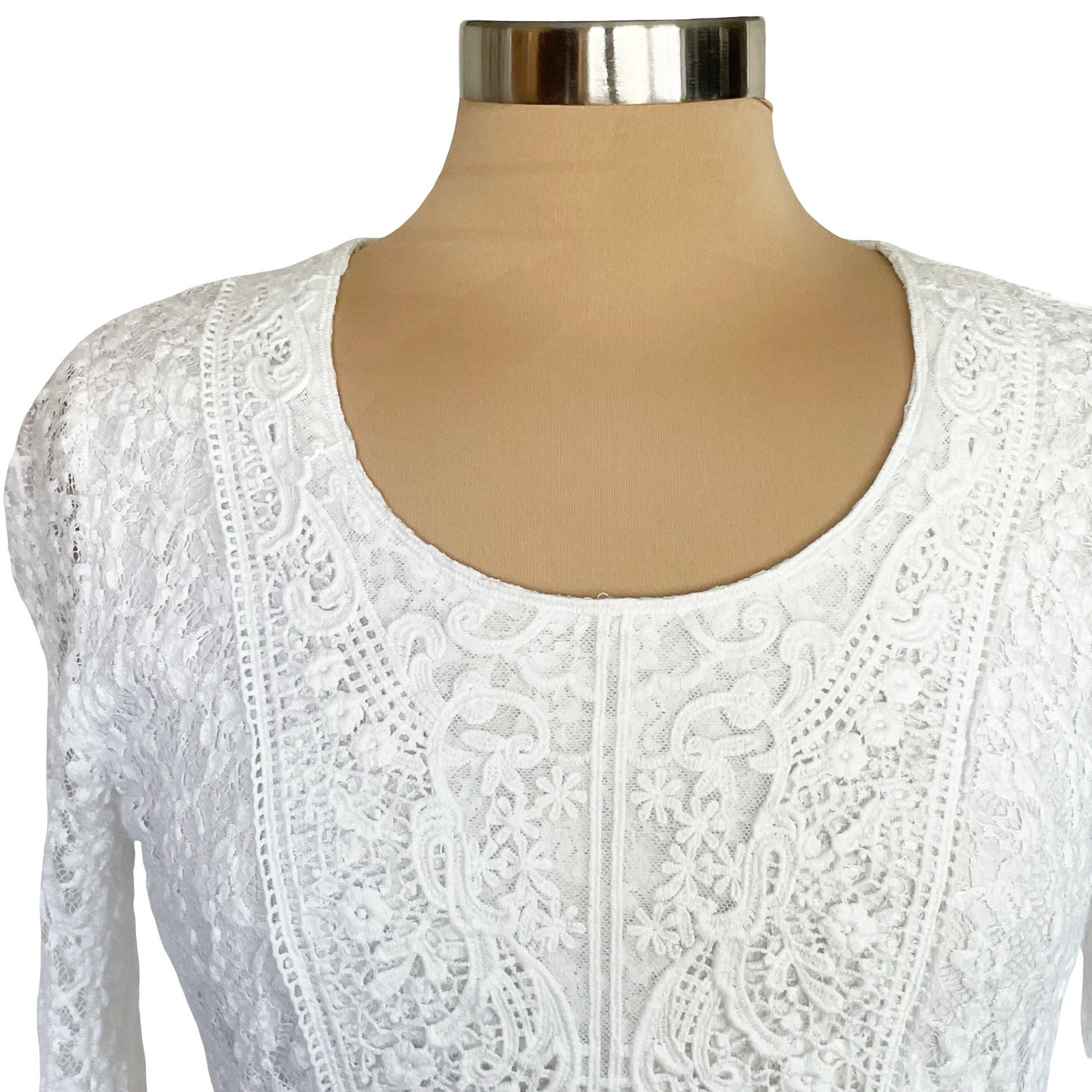 Peck & Peck Stretch Knit Top Lace Overlay Sheer Sleeves Sz Small Feminine Fairy