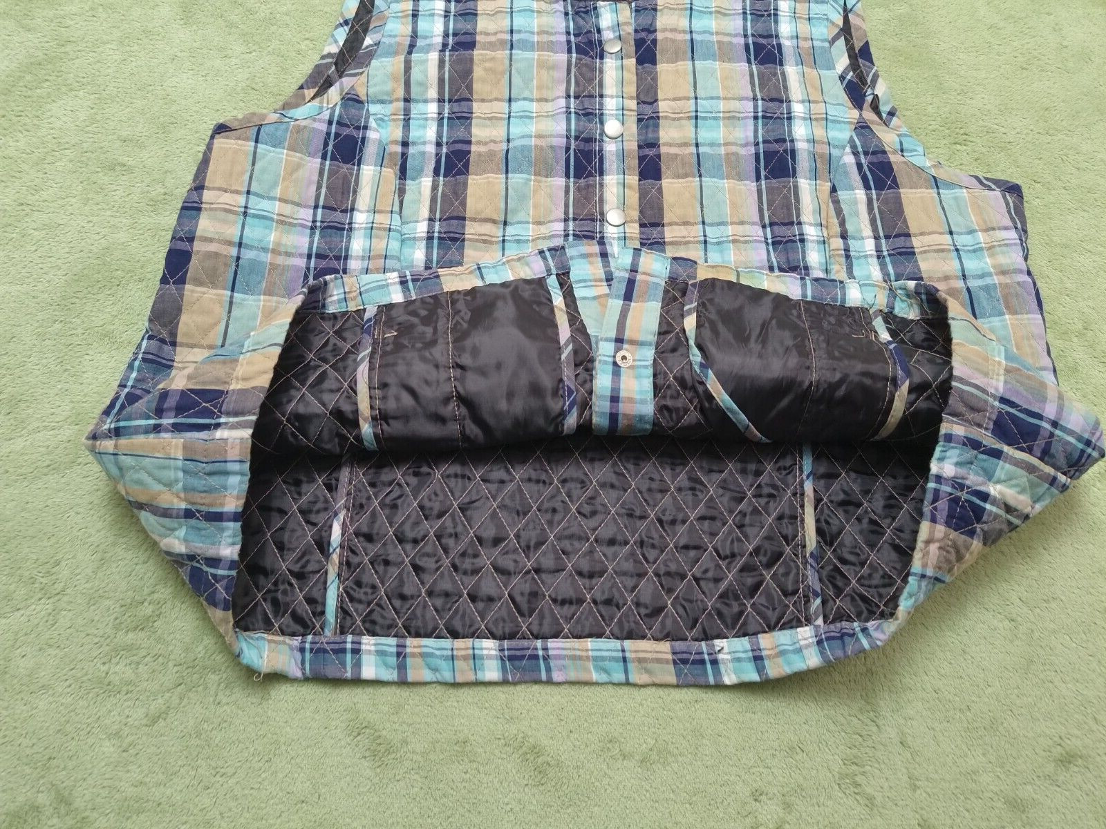 Baxter Wells Quilted Vest Womens plus size 1X Plaid Blue/Tan button front