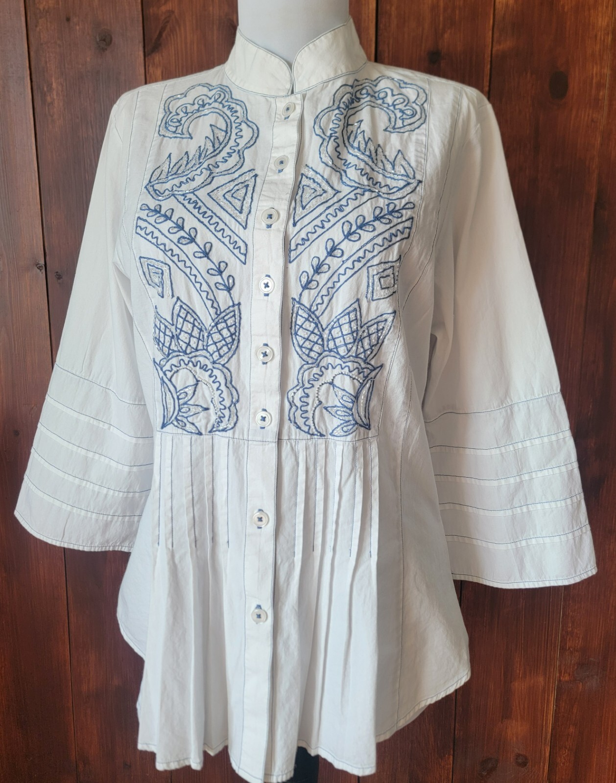 White Cottagecore Coastal Beaded Cotton Blouse Women Small Embroidered Tunic