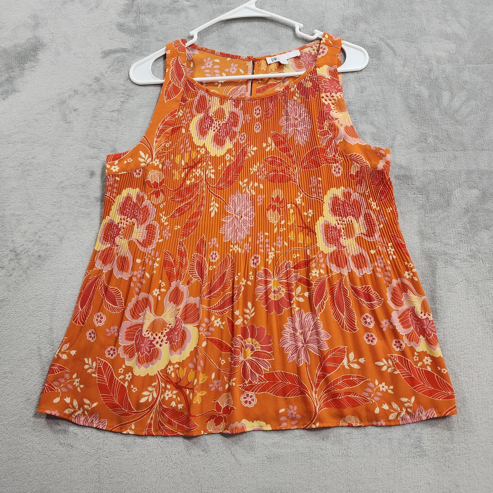 DR2 Tank Womens M Orange Floral Pleated Chiffon Scoop Neck Sleeveless Top Boho
