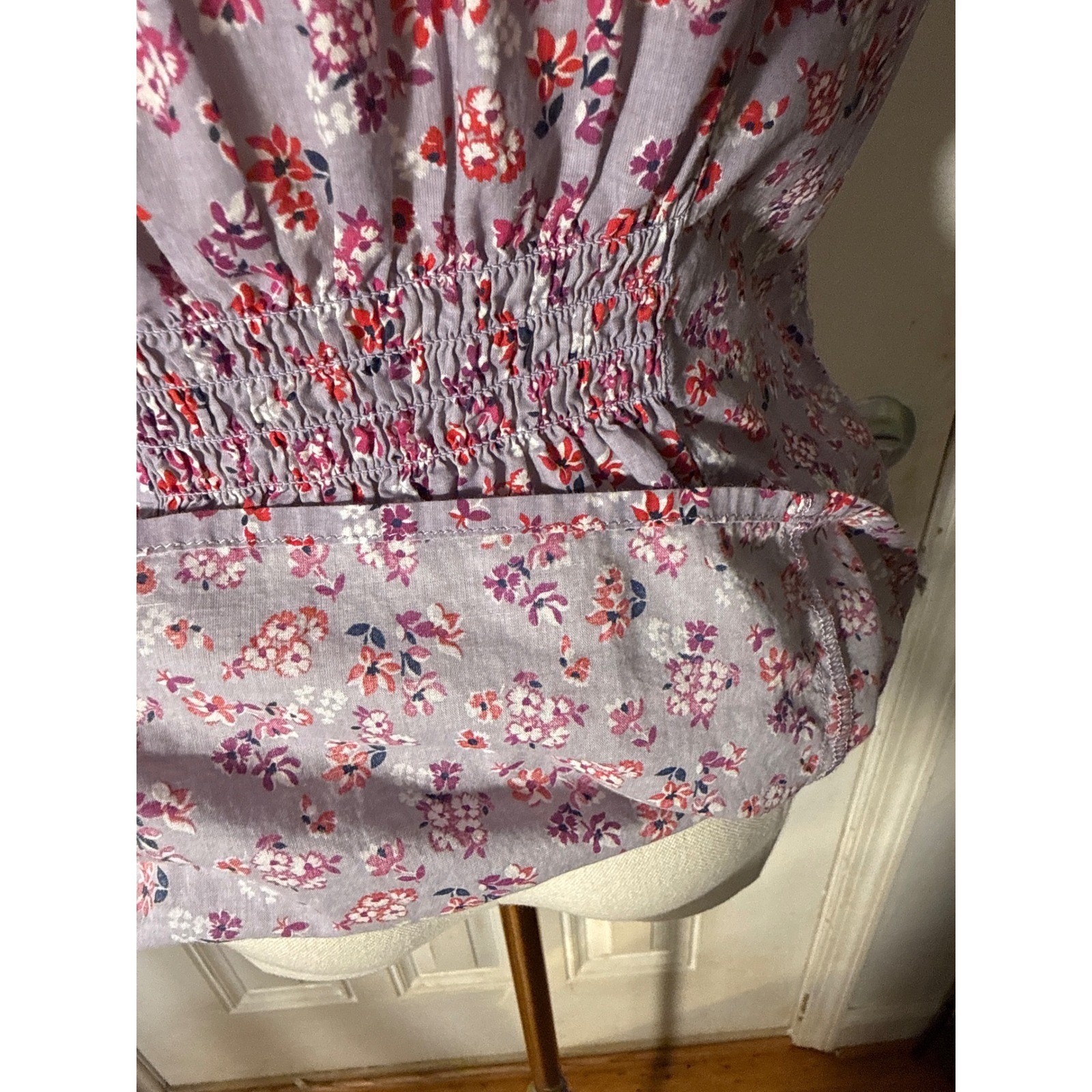 Levis Womens Purple Floral Button Up Shirt Short Sleeve Smocked Waist Small