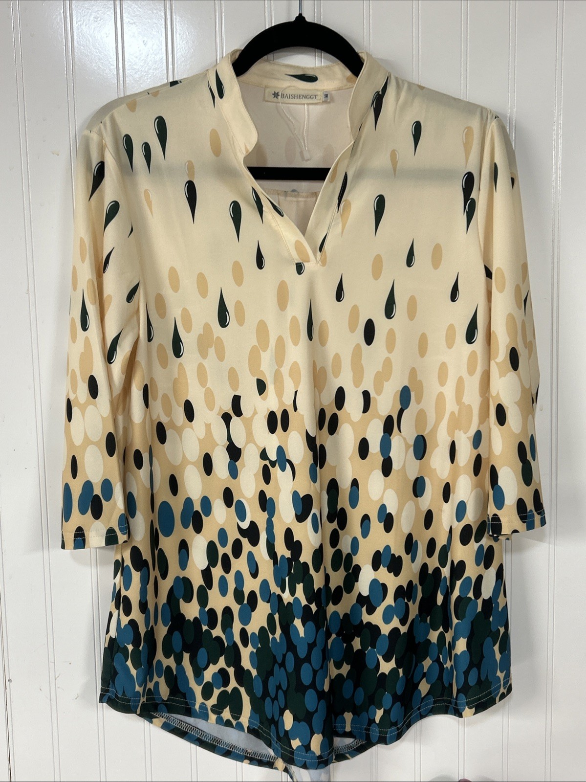 Baishenggt Women’s Medium Cream Teal Abstrac Tunic Top 3/4 Sleeve.