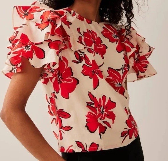 Mint Velvet red floral print top, layered ruffle sleeves & crew neckline. Size12