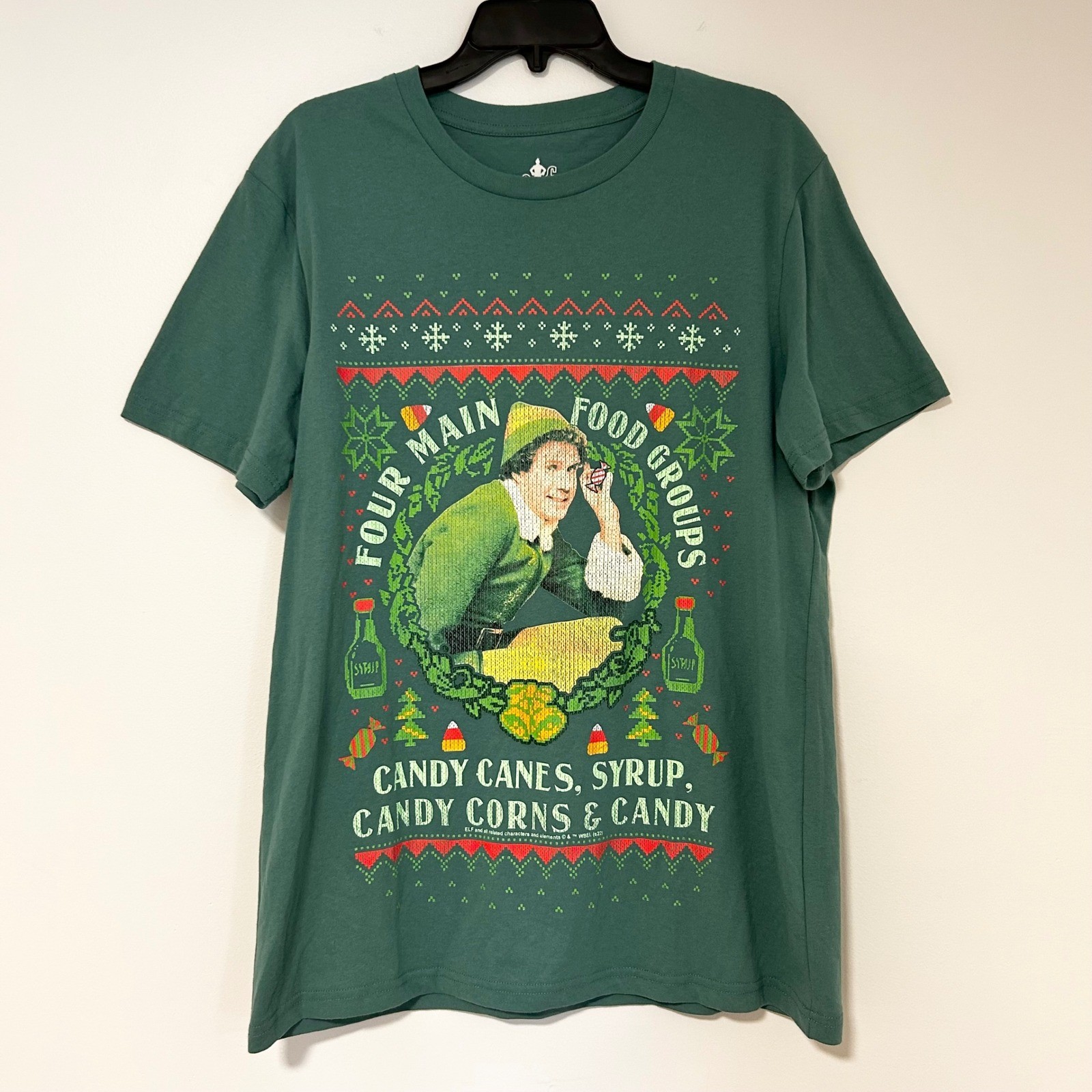 Elf Buddy Four Main Food Groups Christmas Graphic T-Shirt Green Large L