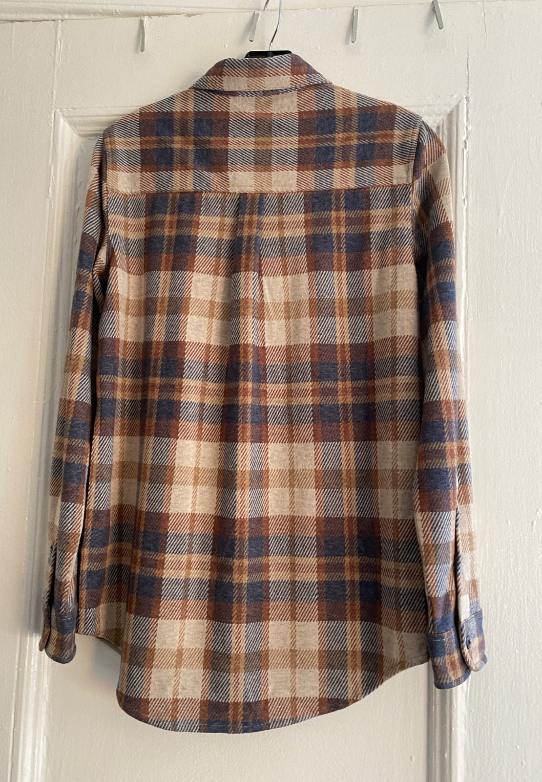 Quince Plaid Stretch Sweater Fleece Shirt Button Up Mocha Check SMALL NWOT