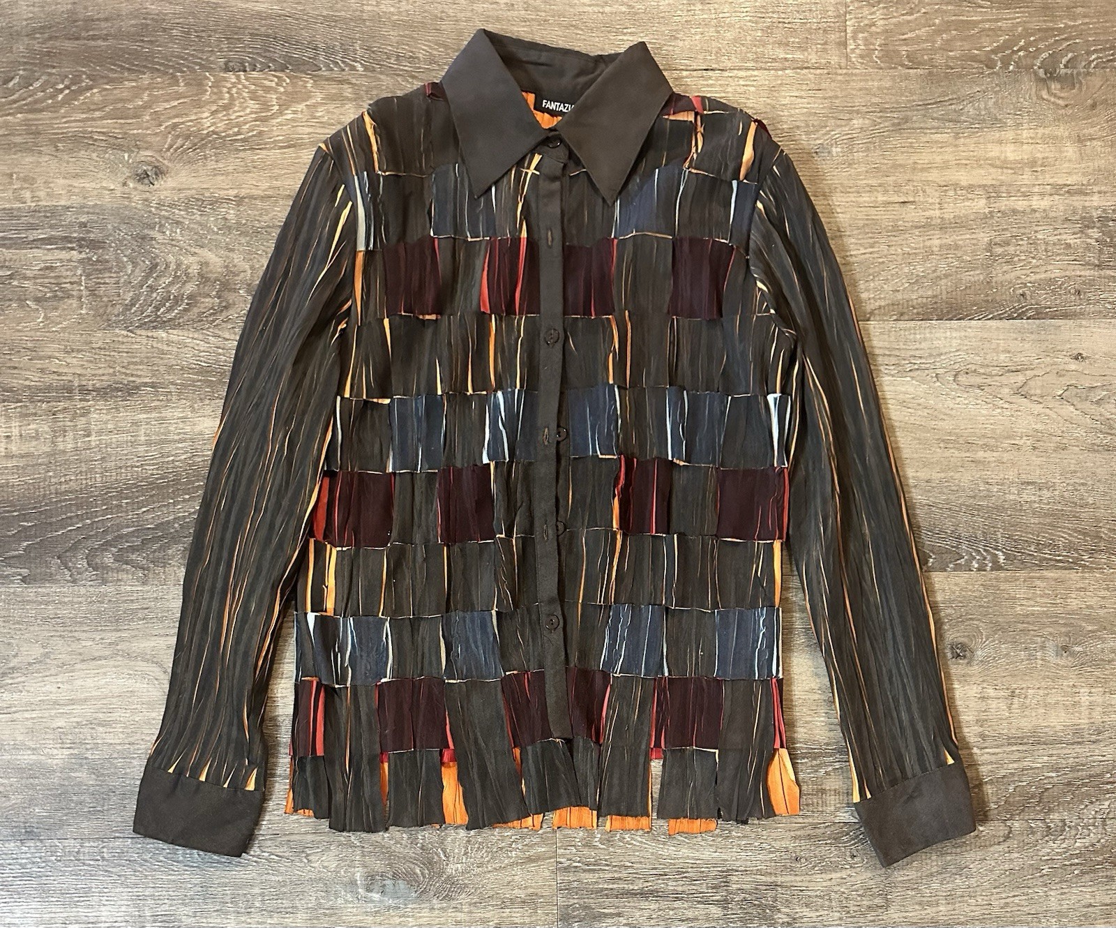 Button Up Shirt Womens M Multicolor Weaved Textured Long Sleeve Fantazia