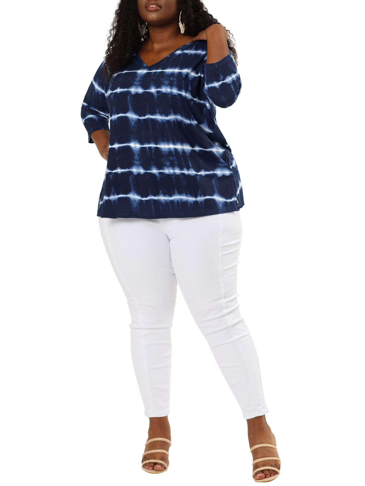 Agnes Orinda Women’s Plus Size School College Tops Tie Dye Stripes V Neck|80899