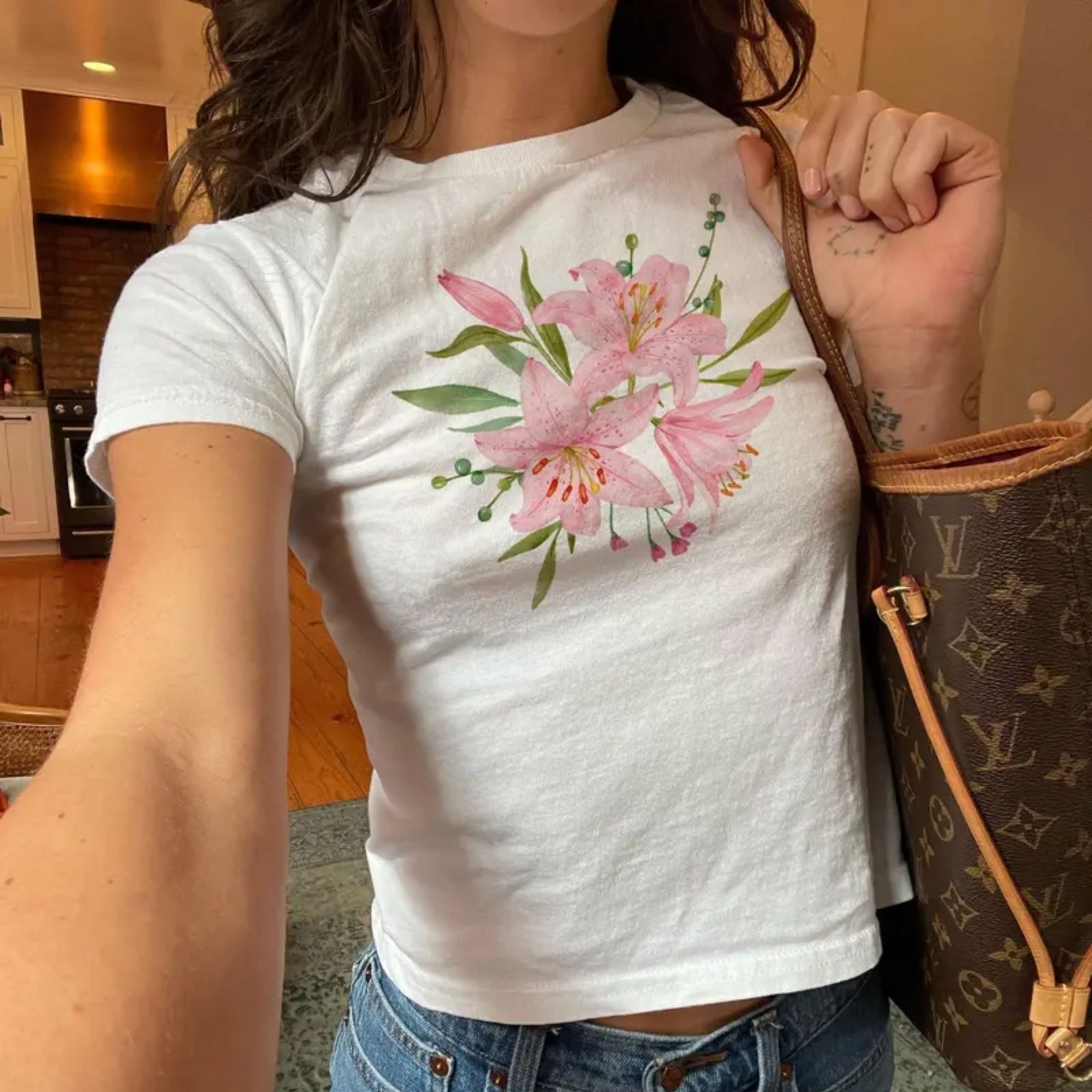 Pink Lily Flower Baby Tee Aesthetic Floral Print Slim Fit Y2K Summer Women Cute