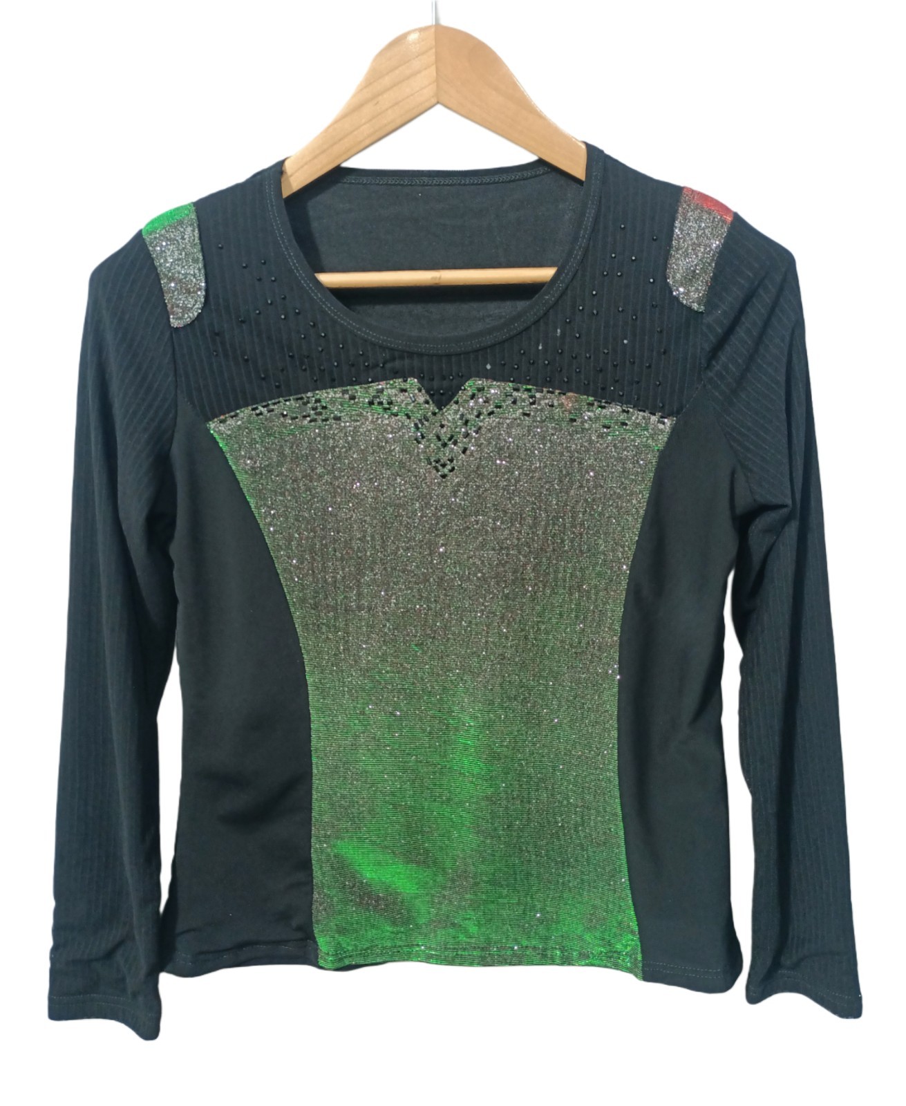 Black Long Sleeve Illusion Glitter Top Color Changing Green Purple Silver M/L