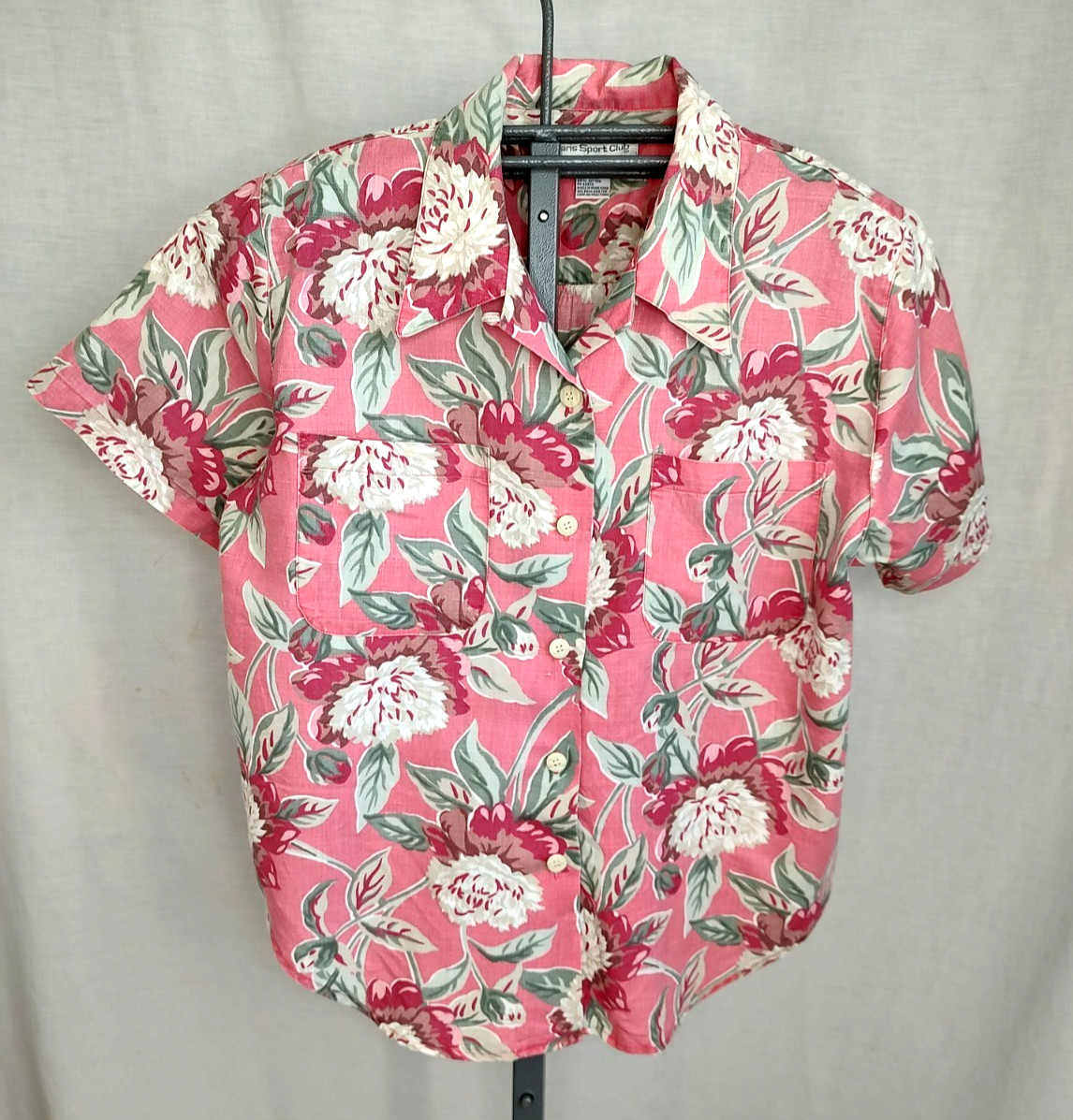 Vintage 90s Paris Sport Club Shirt Top Womens Sz Lg Pink Red Floral Tropical