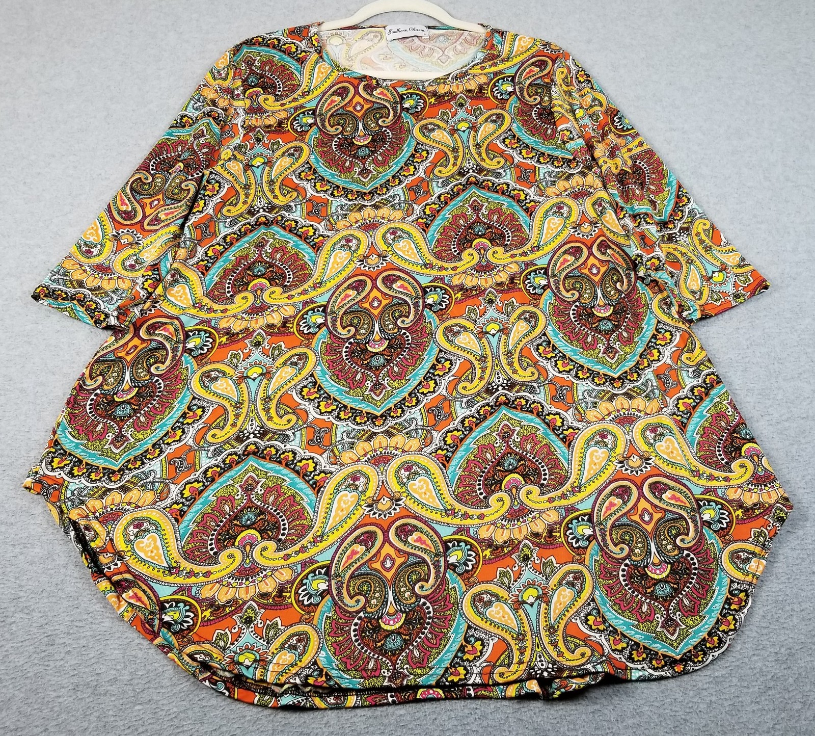 Southern Charm Tunic Top Womens Large Multicolor Paisley ¾ Sleeve Stretch Jersey