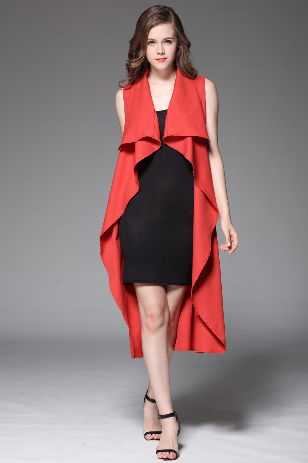 Red Women’s Sleeveless Asymmetric Hem Open Front Cardigan Top Blouses S-XL