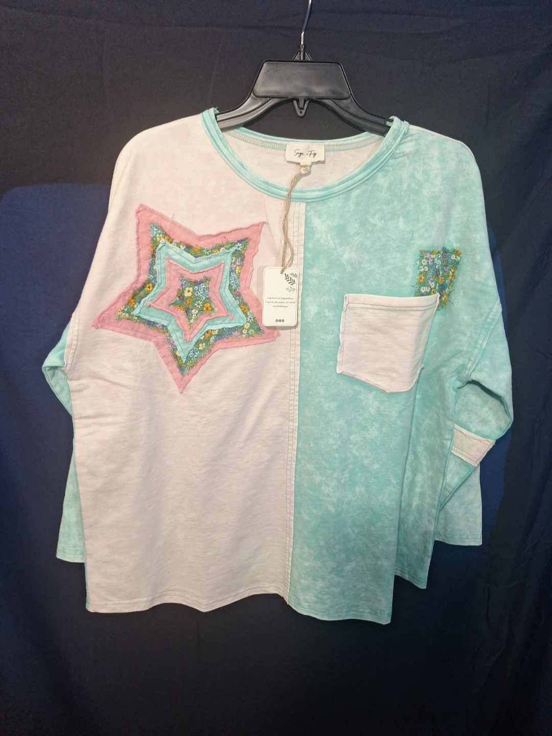 Sage + Fig Boho Sweatershirt Green White Pink Patches Long Sleeve Small 1…