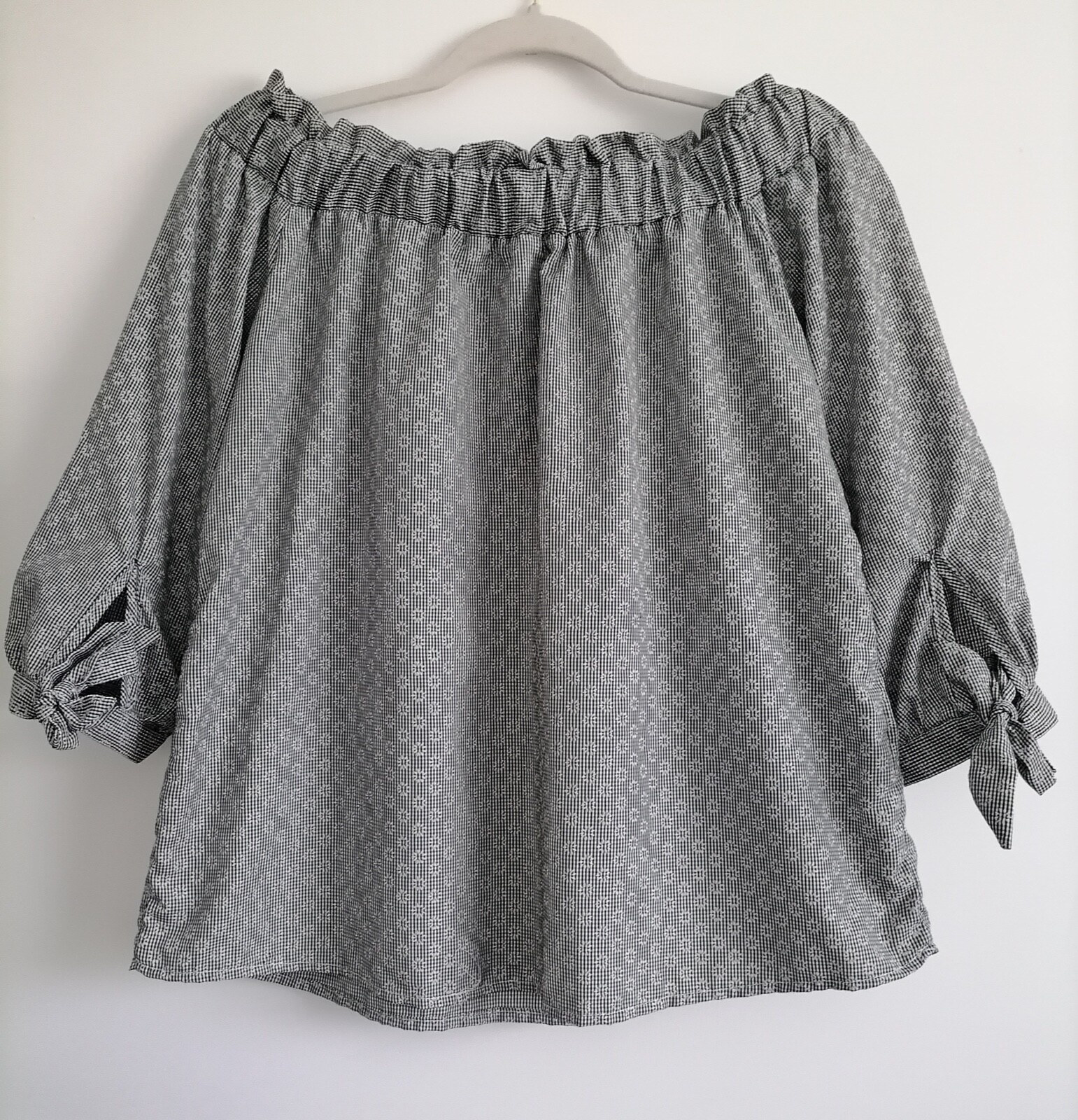Love Notes Women’s Black White Plaid Off The Shoulder 3/4 Sleeve Blouse Size L