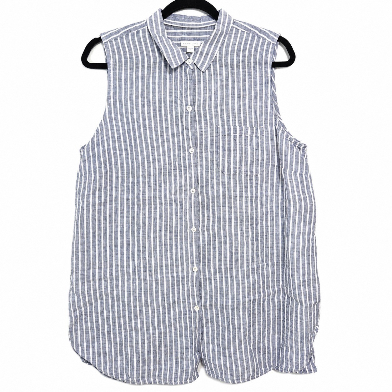 J. Jill Top Womens L Blue White Striped 100% Linen Button Coastal Resort Classic