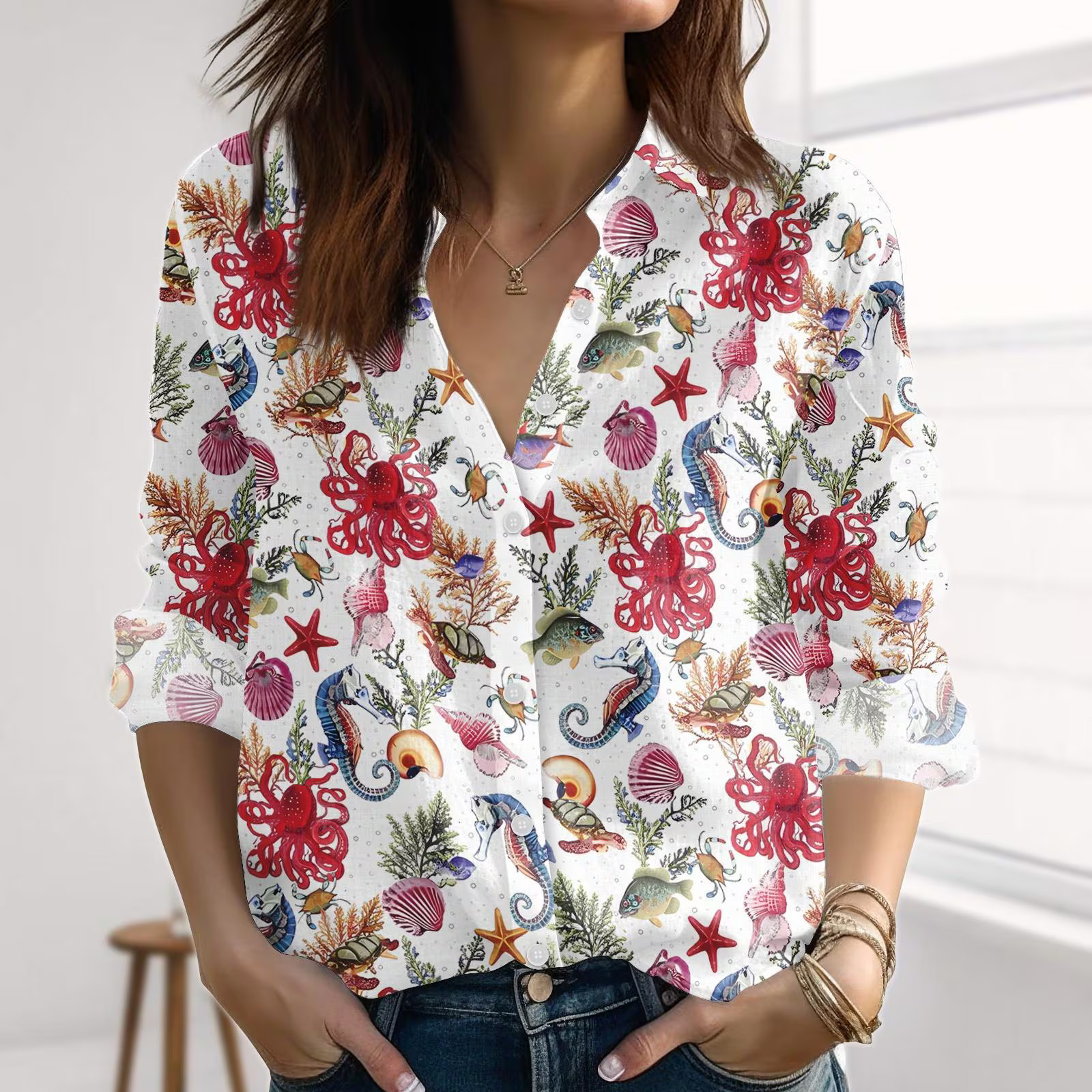 Tropical Sea Life Octopus Seahorse Blouse Ocean Beach Vacation Summer Casual Top