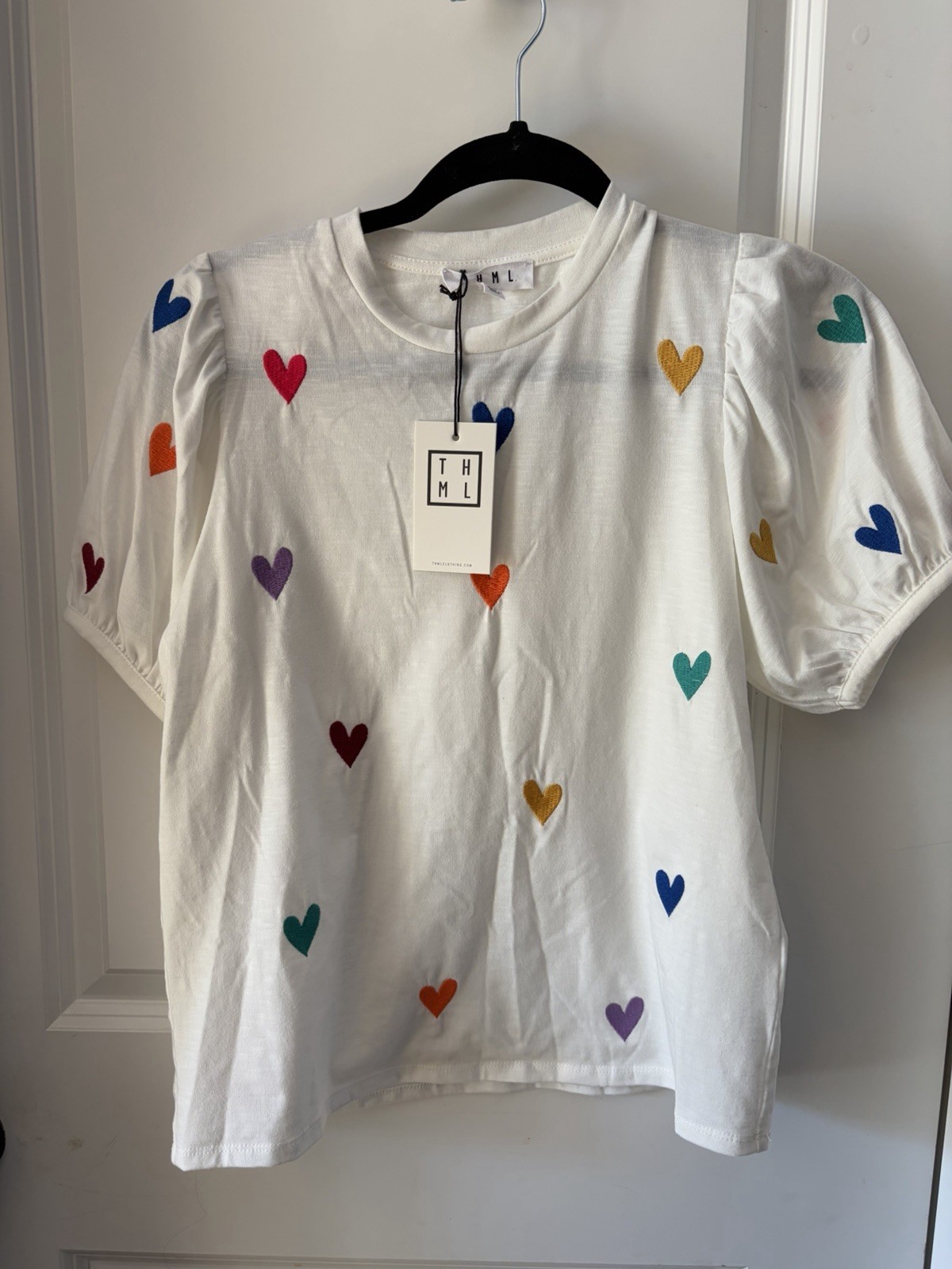 THML Heart NWT Embroidered Multicolor Hearts! Cotton Puff Sleeves. Boutique. XS