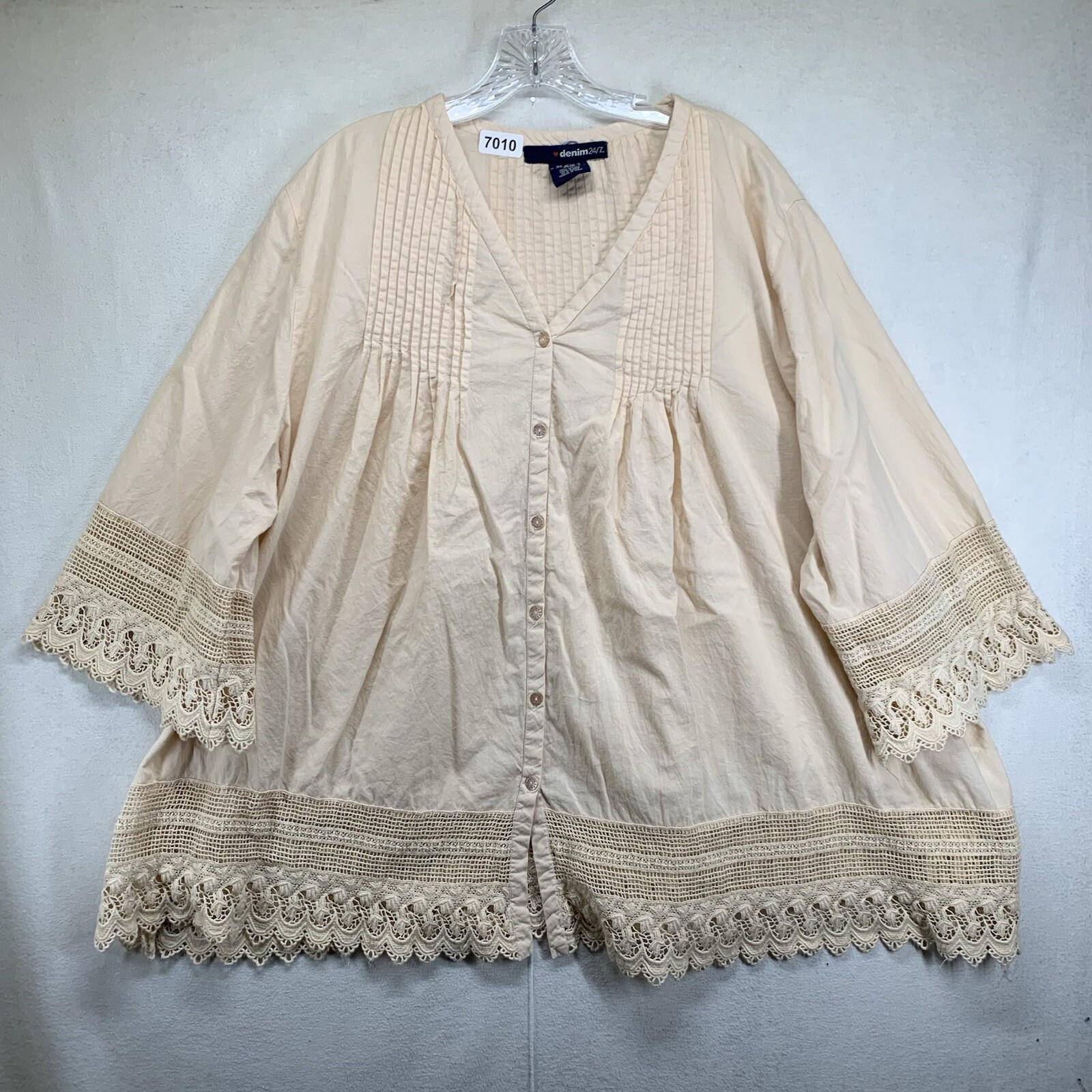 Women’s Top 26W Light Peach 100% Cotton Embroidered Trim Pleated Breathable