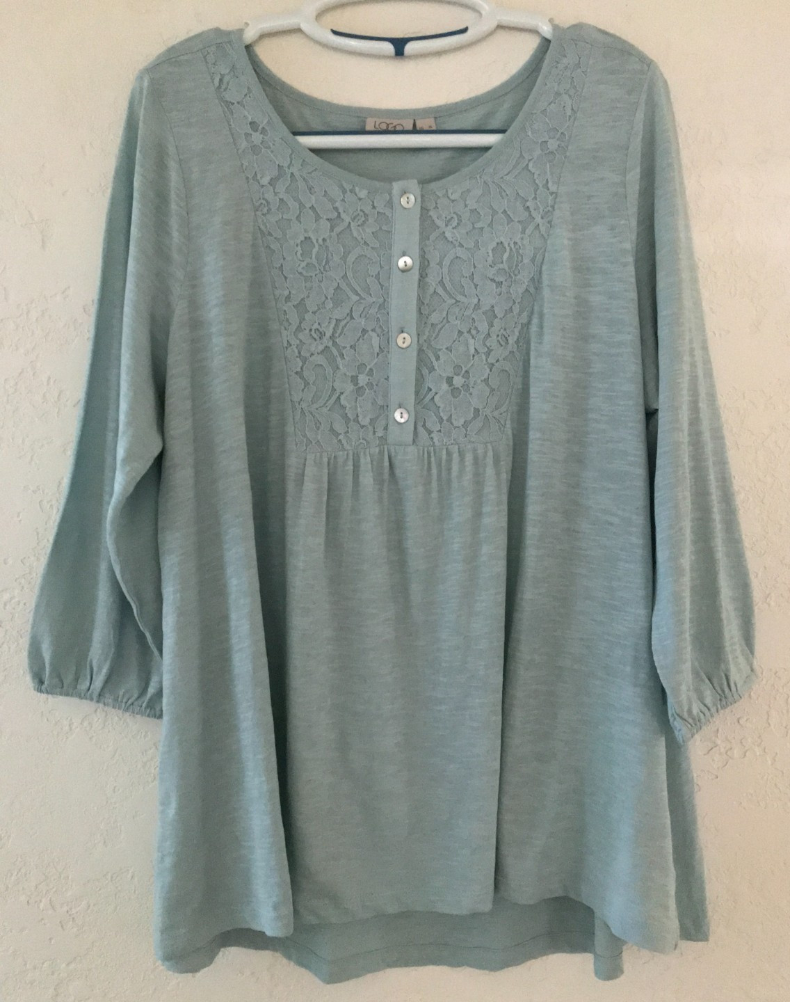 LOGO by Lori Goldstein Knit Top w/Button Front Lace Placket Peasant Boho