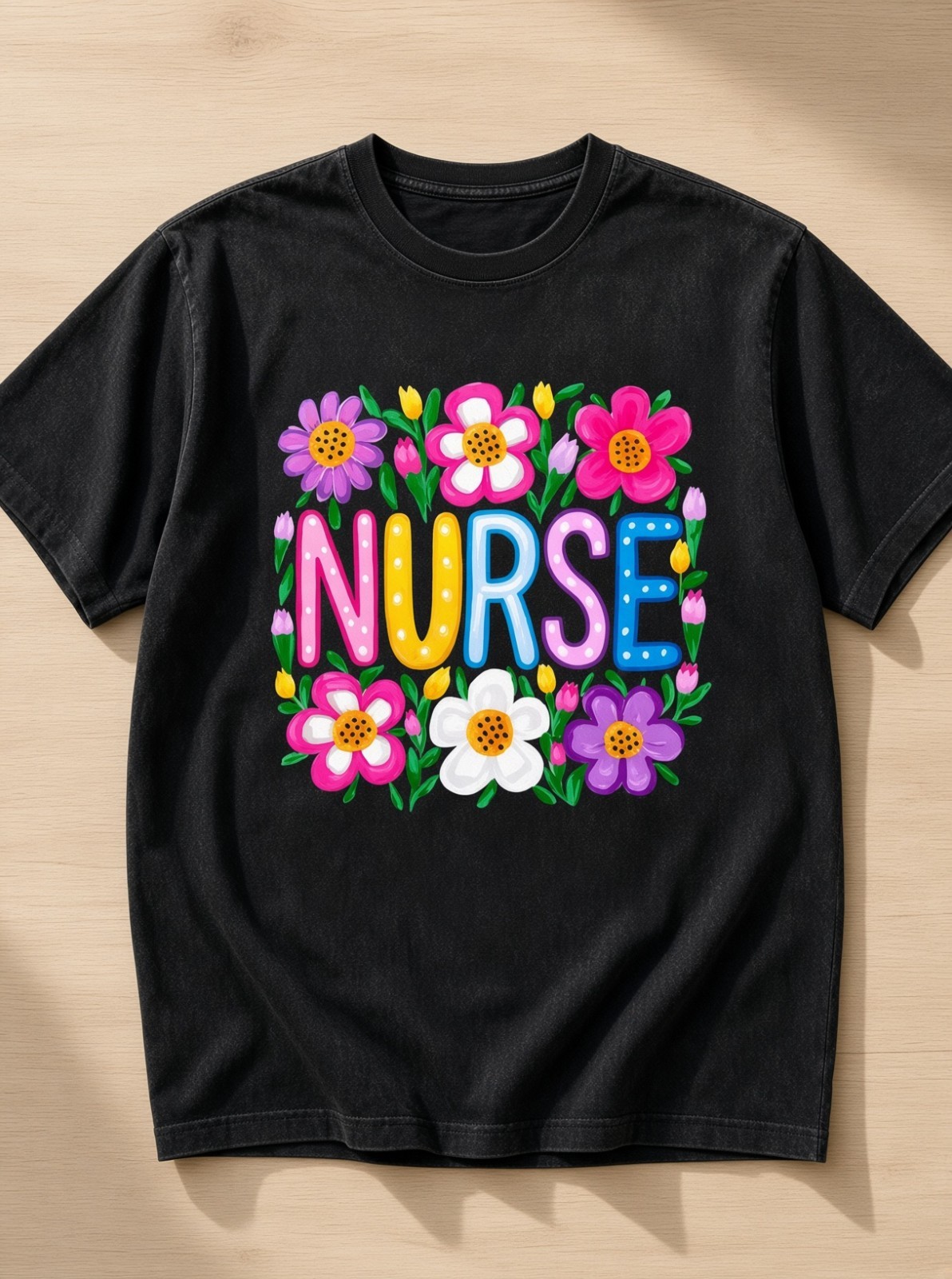 Nurse Floral T-Shirt Black Washed Unisex Colorful Flower Tee