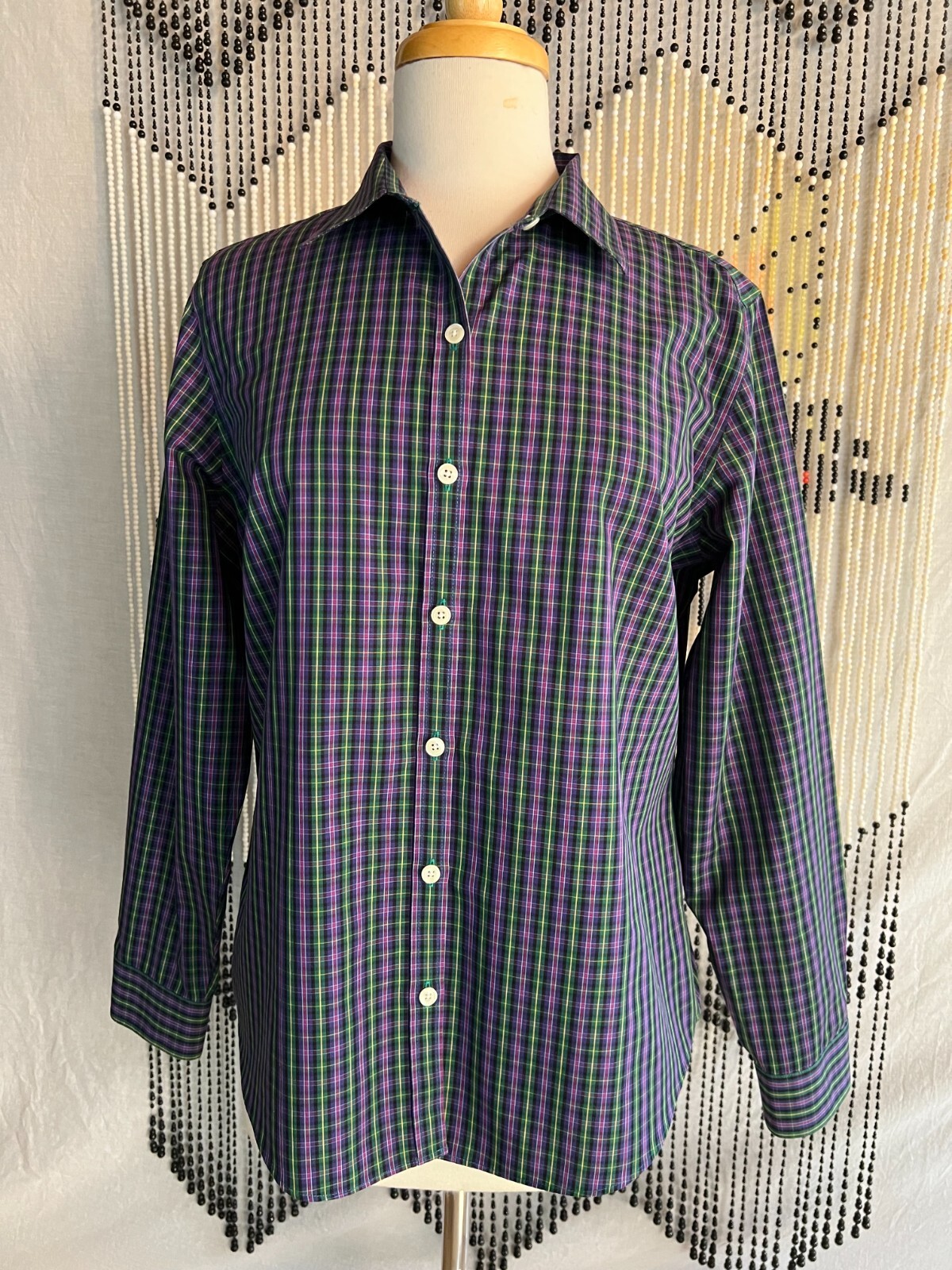 L.L. Bean Blouse Shirt Purple Green Blue Checks Long Sleeve Wrinkle Resistant M