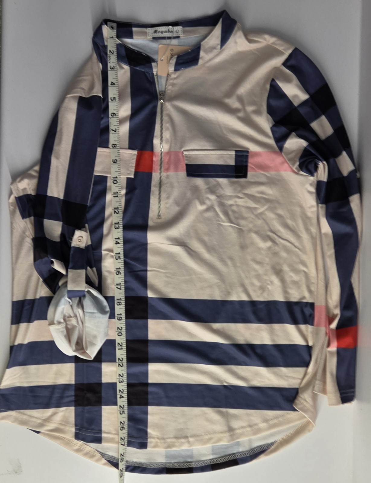 NWT Moyabo Women’s L Quarter Zip Tunic Top Plaid Striped Preppy Career Office