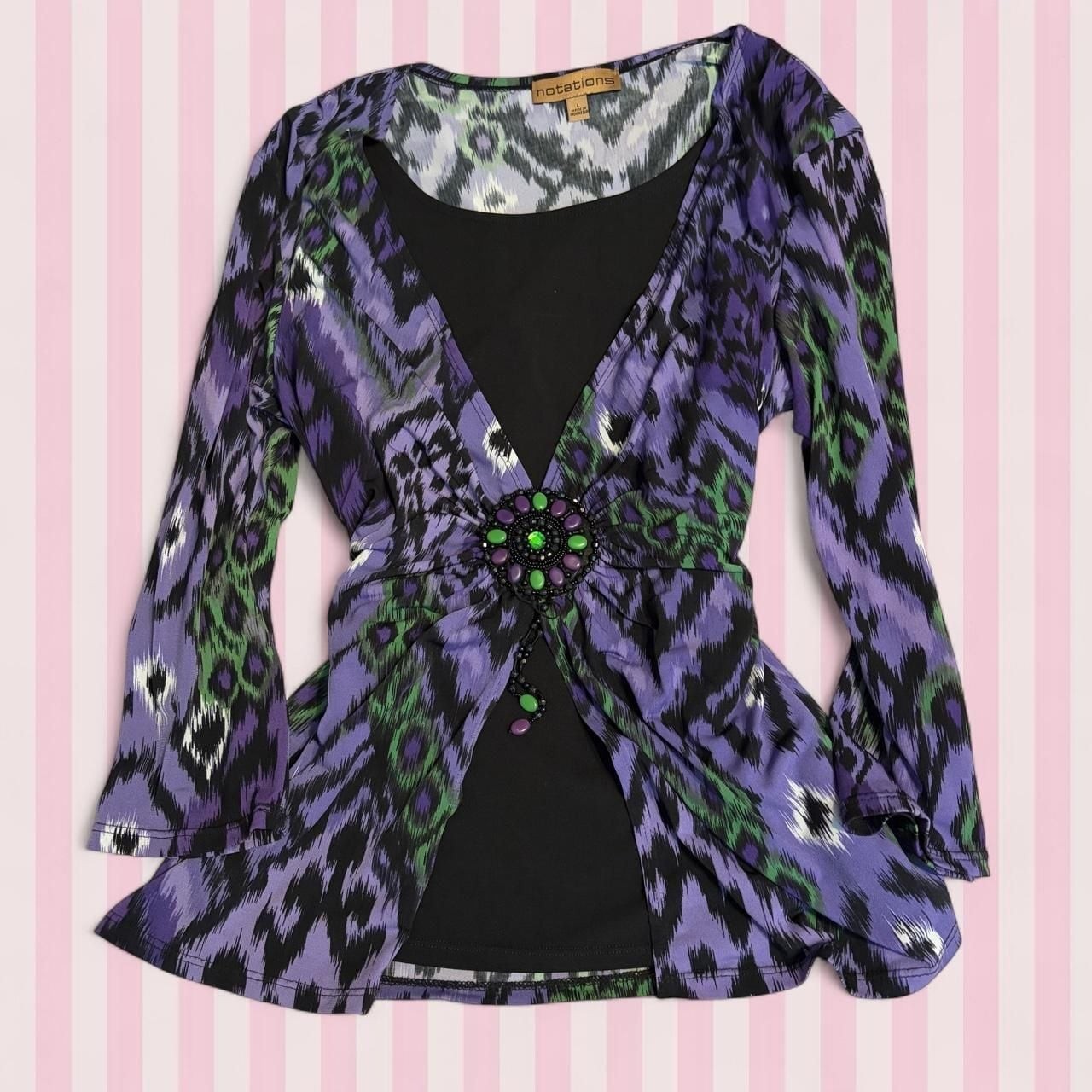 Notations 2000s Purple & Green Ikat Print Beaded Blouse Size L