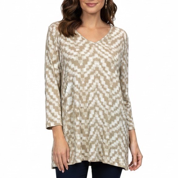 Chico’s Travelers Beige Gold Chevron Geometric Tunic V-Neck Top 2 Large 12