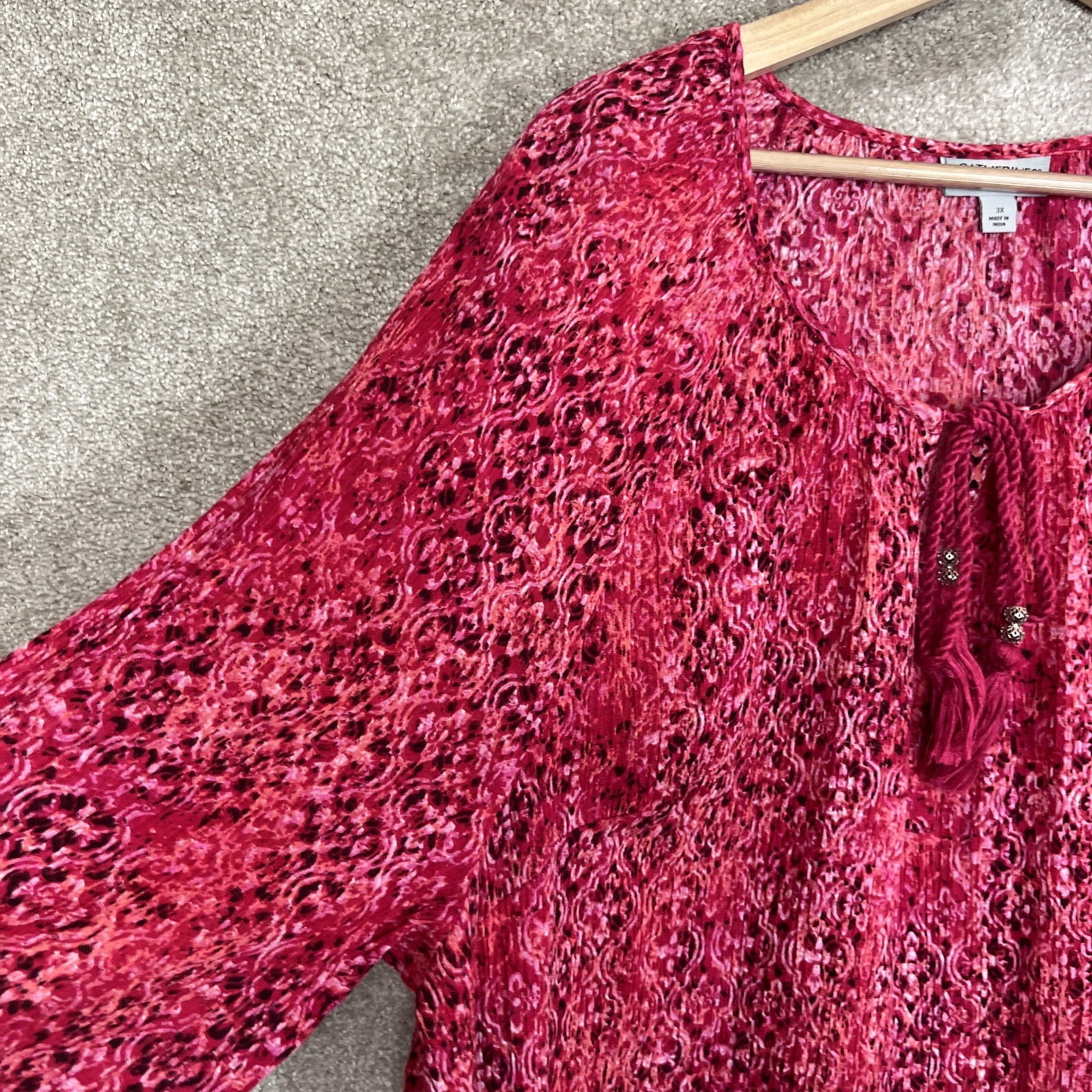 Catherines Blouse Womens 3X Pink Cotton Crinkle Pullover 3/4 Sleeve Tie- 4891