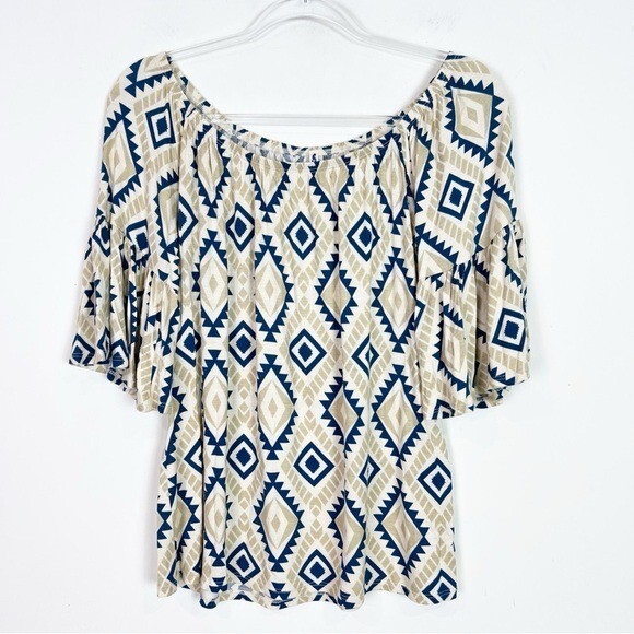 VOLL TAUPE BLUE GEOMETRIC PATTERN SHORT SLEEVE OFF SHOULDER SHIRT WOMENS SMALL