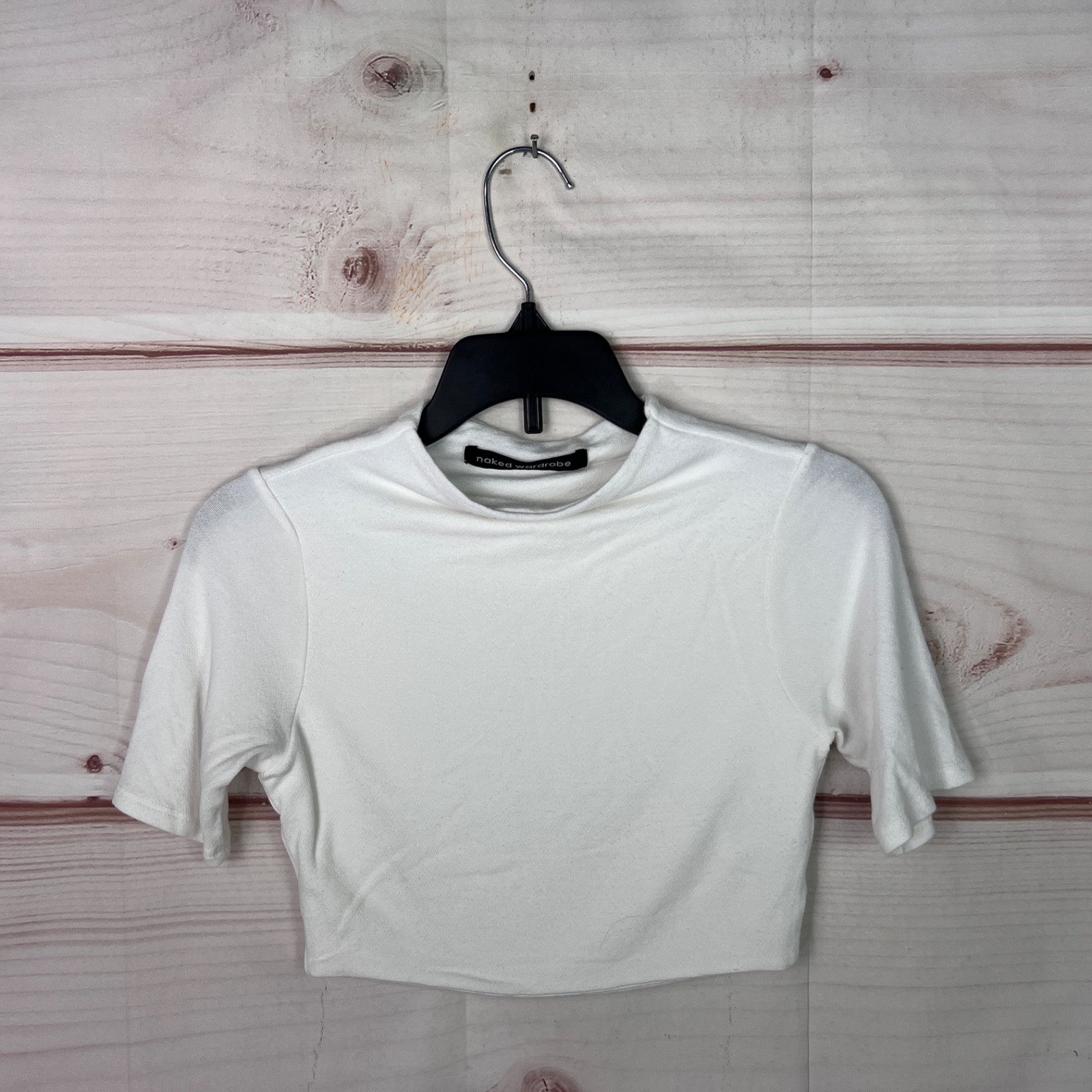 Naked Wardrobe Top Womens S White Crop T-Shirt Mock Neck Short Sleeve Solid Knit