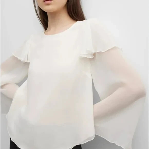 NWT Rebecca Taylor FAB 100% Silk Chiffon Ruffle Detail Flared Sleeves Blouse 4