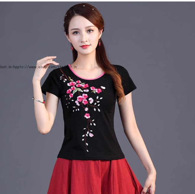 Summer Chinese Style Women’s Short Sleeve Blouse Tops embroidery Ethnic T-Shirts