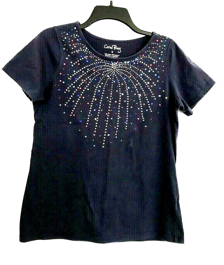 EUC Coral Bay Women’s Short Sleeve Top Size S Navy With Beaded Front Design