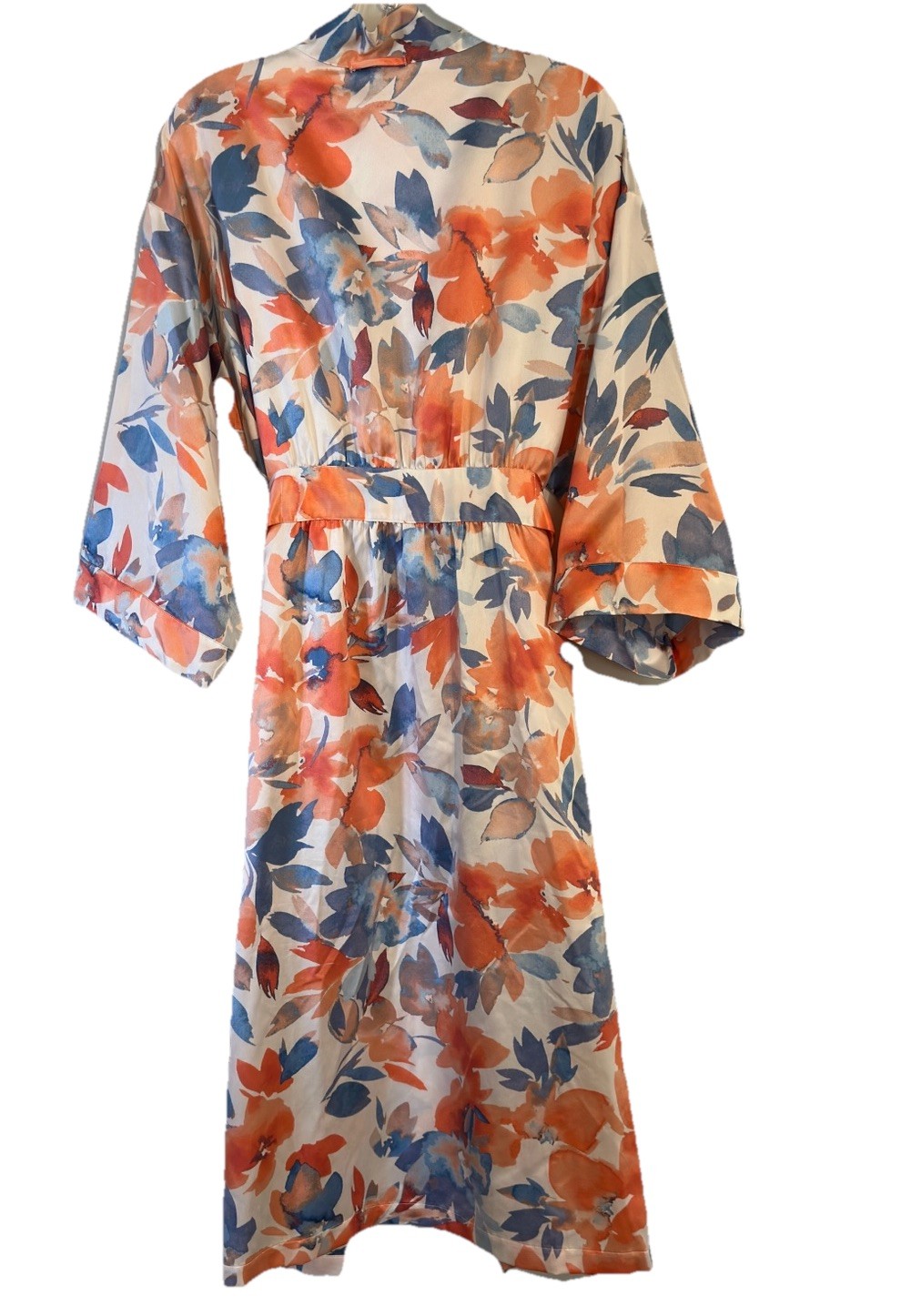 Cabernet Kimono Robe Long Orange / While Floral Tie Waist Sz Elegant House Coat