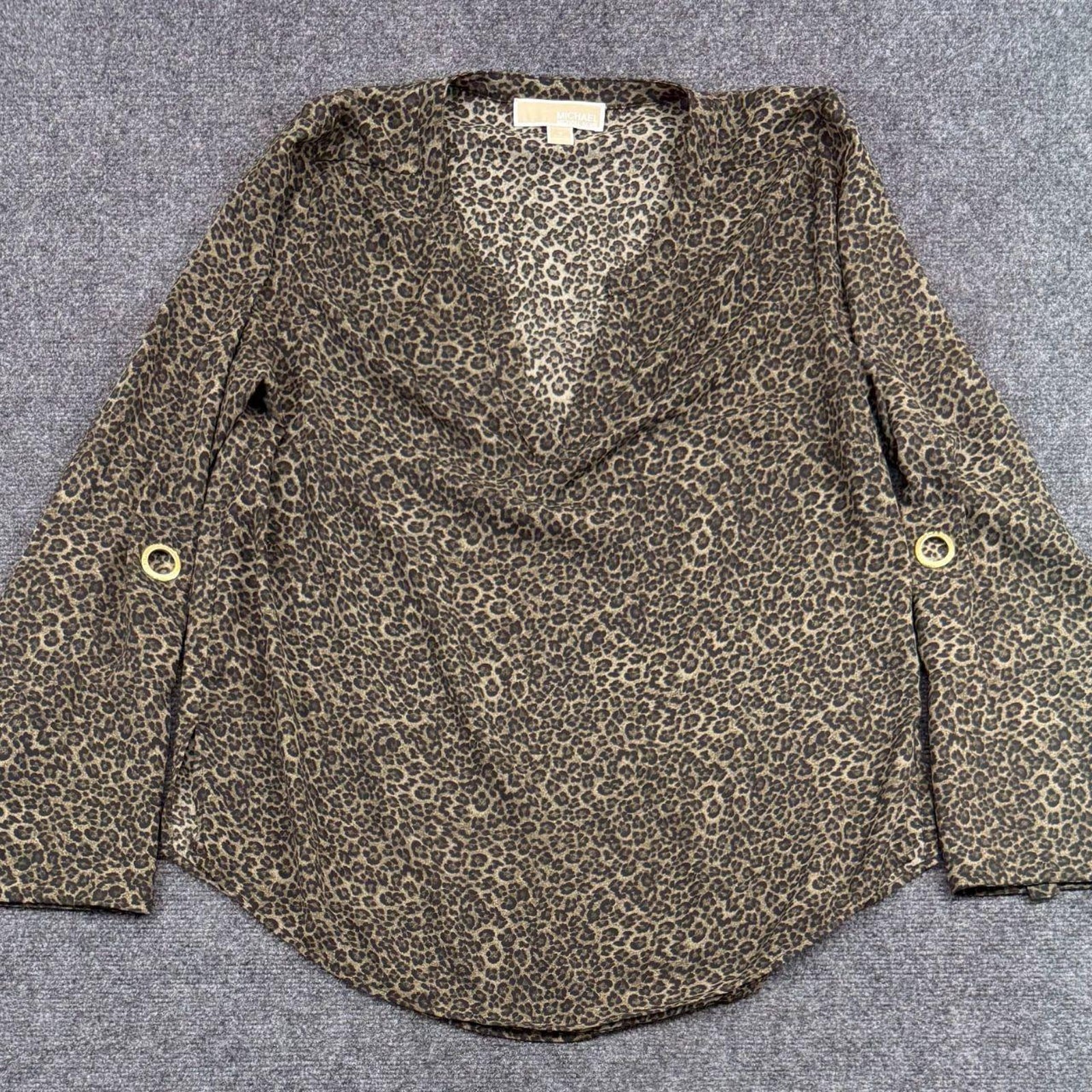 Michael Kors Womens S Leopard Print Blouse V Neck Roll Tab Sleeve Top